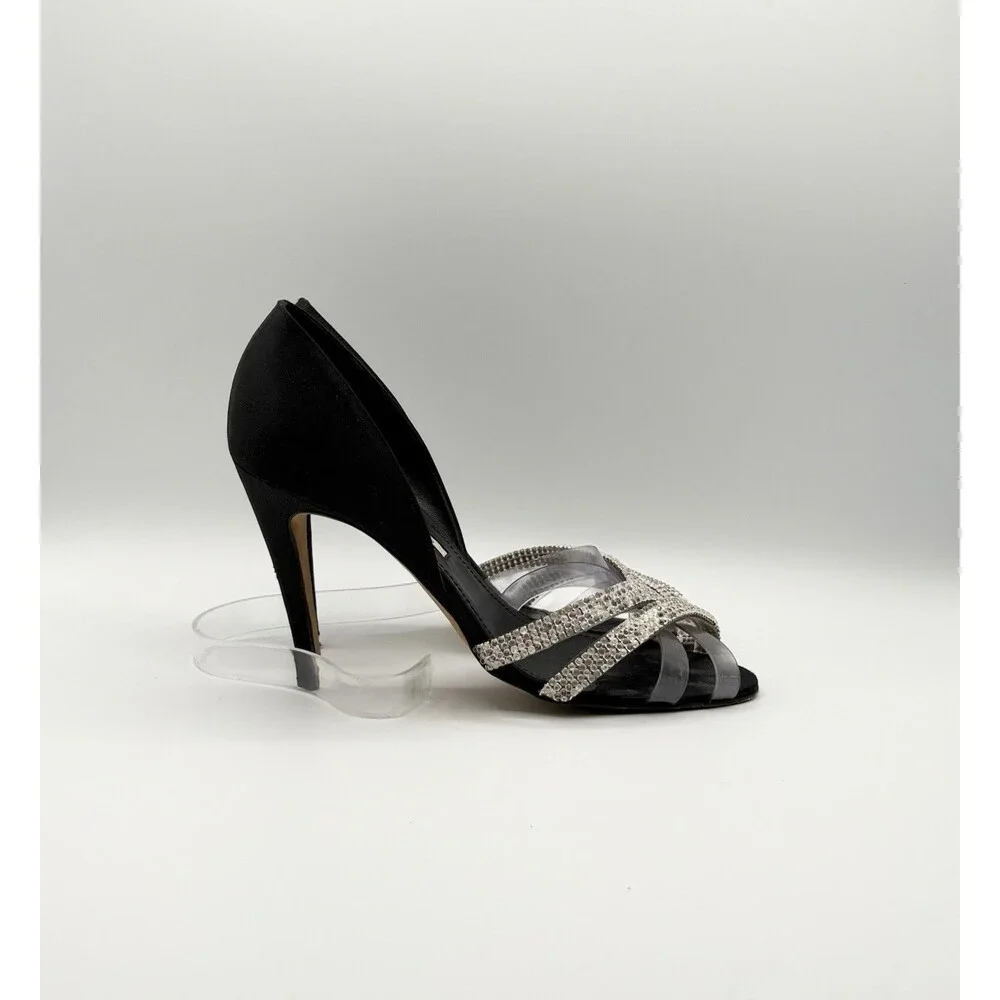 Manolo Blahnik Black Satin & Rhinestone Cross Strap Heels Size EU 38.5